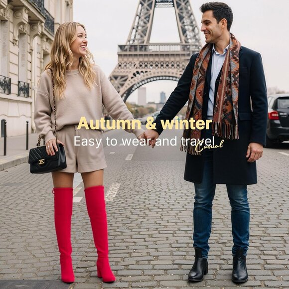 Women's Red Suede Chunky Heels Zipper Over The Knee High Adjustable Opening Boot - Picture 9 of 9